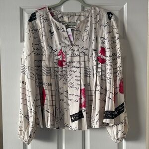 LOFT  Valentine’s Day Script Print Blouse - Cream, Black, and Red